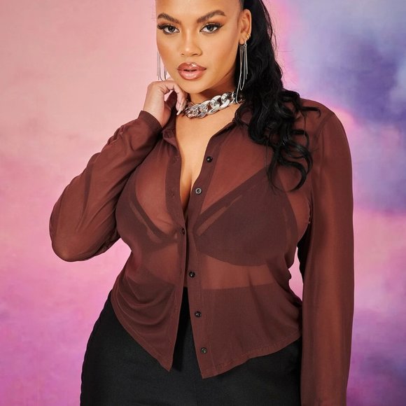 Long Sleeve Brown Mesh Transparent Button Down Shirt Size 1XL  New NWOT - Picture 1 of 4